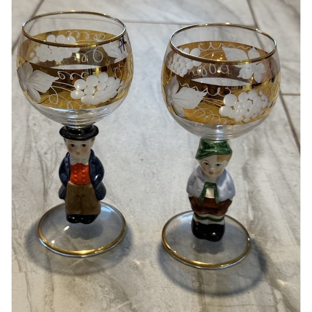 Pair of Goebel Hummel Figural Bavarian Couple Wine Glasses Goblets Gold Trim